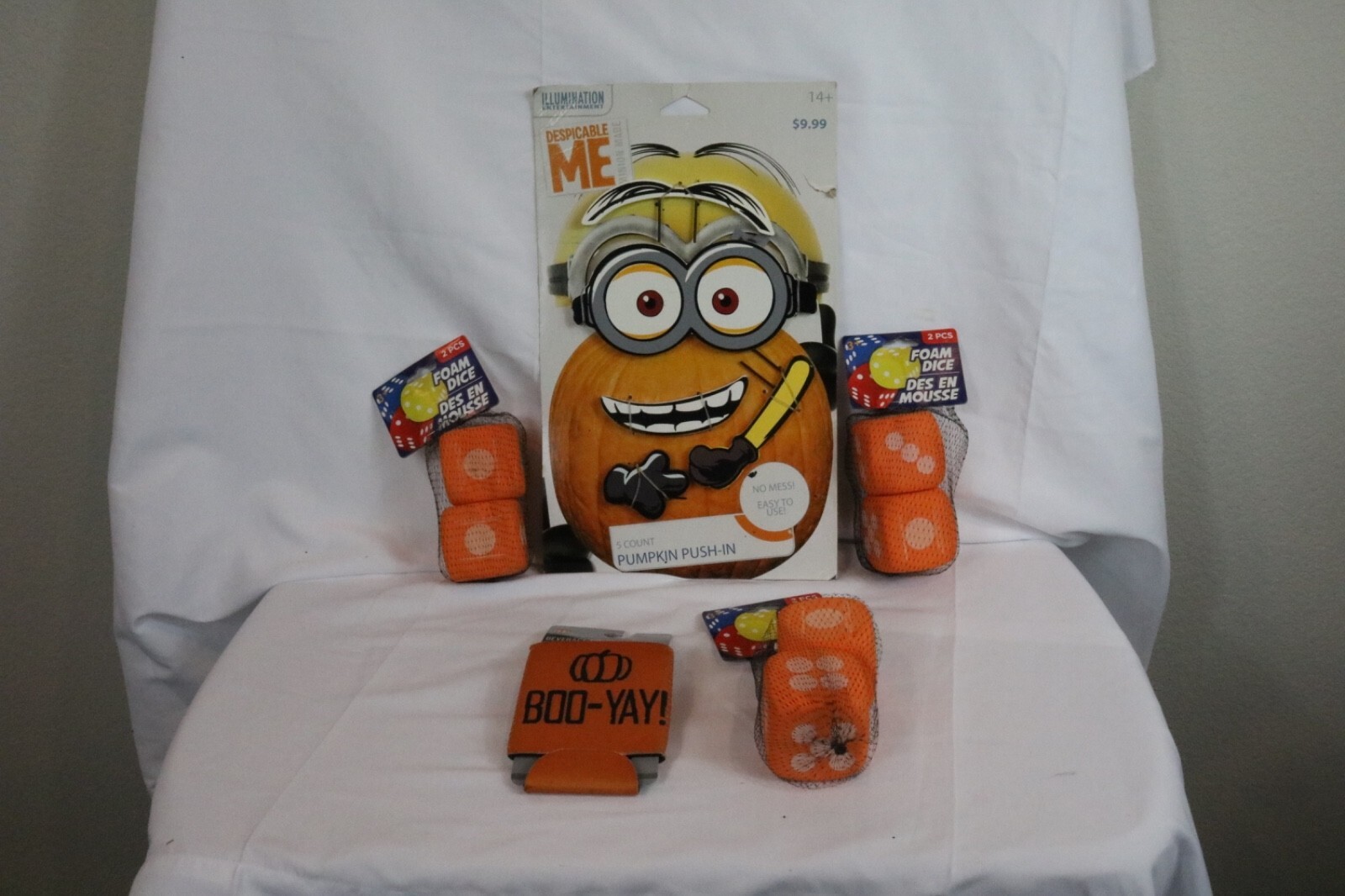 Halloween Bundle Wooden Minion, Foam Dice, and Beverage Holder 5 Pieces