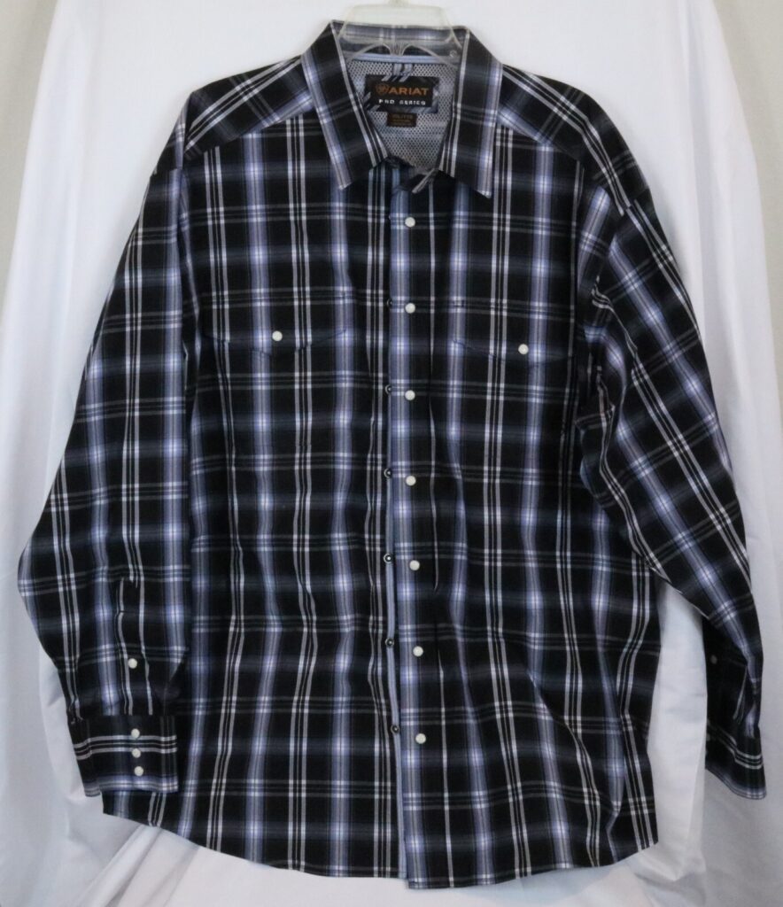 Ariat Pro Series Men's XXL Black and Blue Plaid Long Sleeve Button-Up Shirt