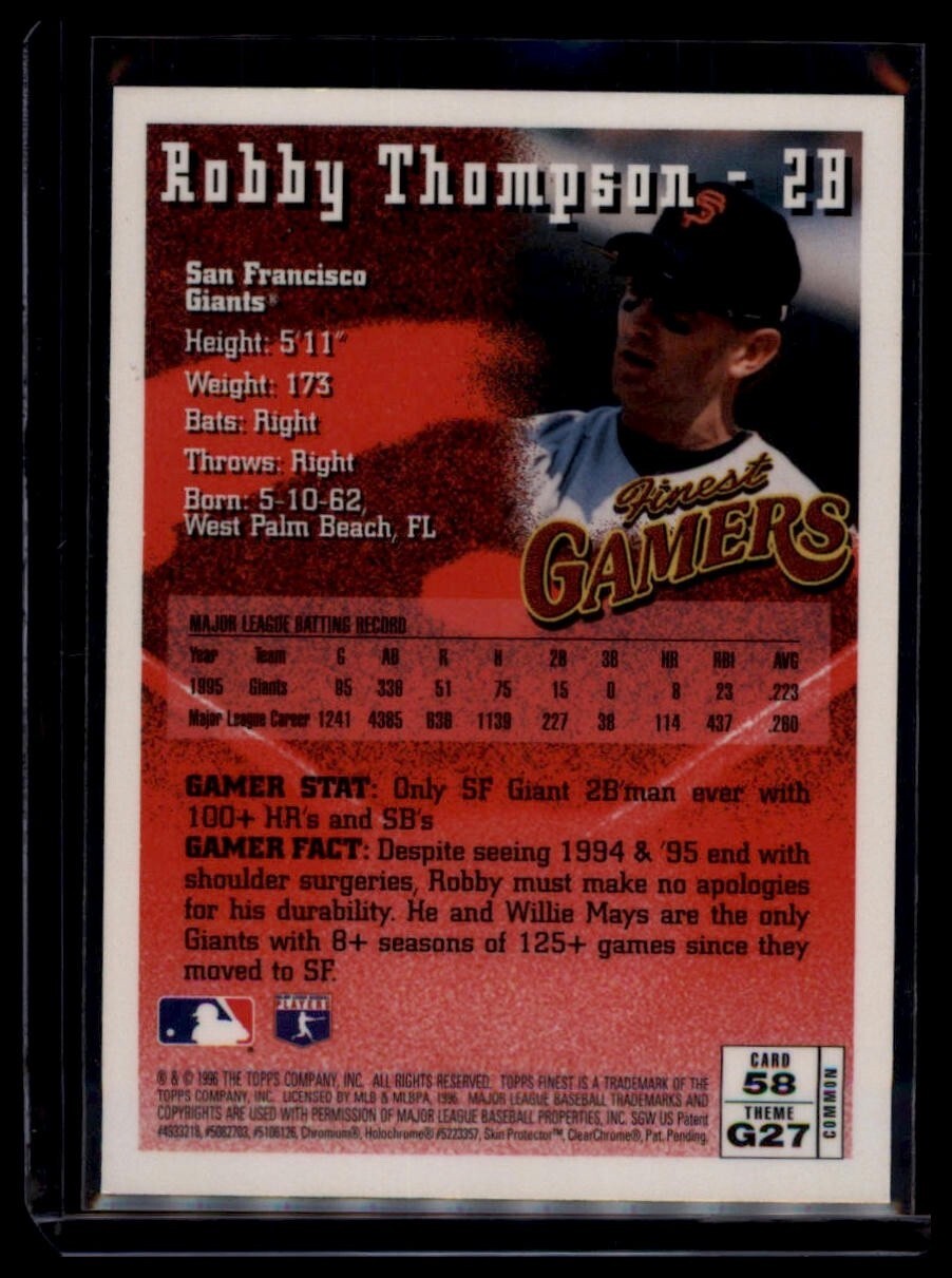 1996 Topps Finest - Robby Thompson #58 San Francisco Giants - Image 2