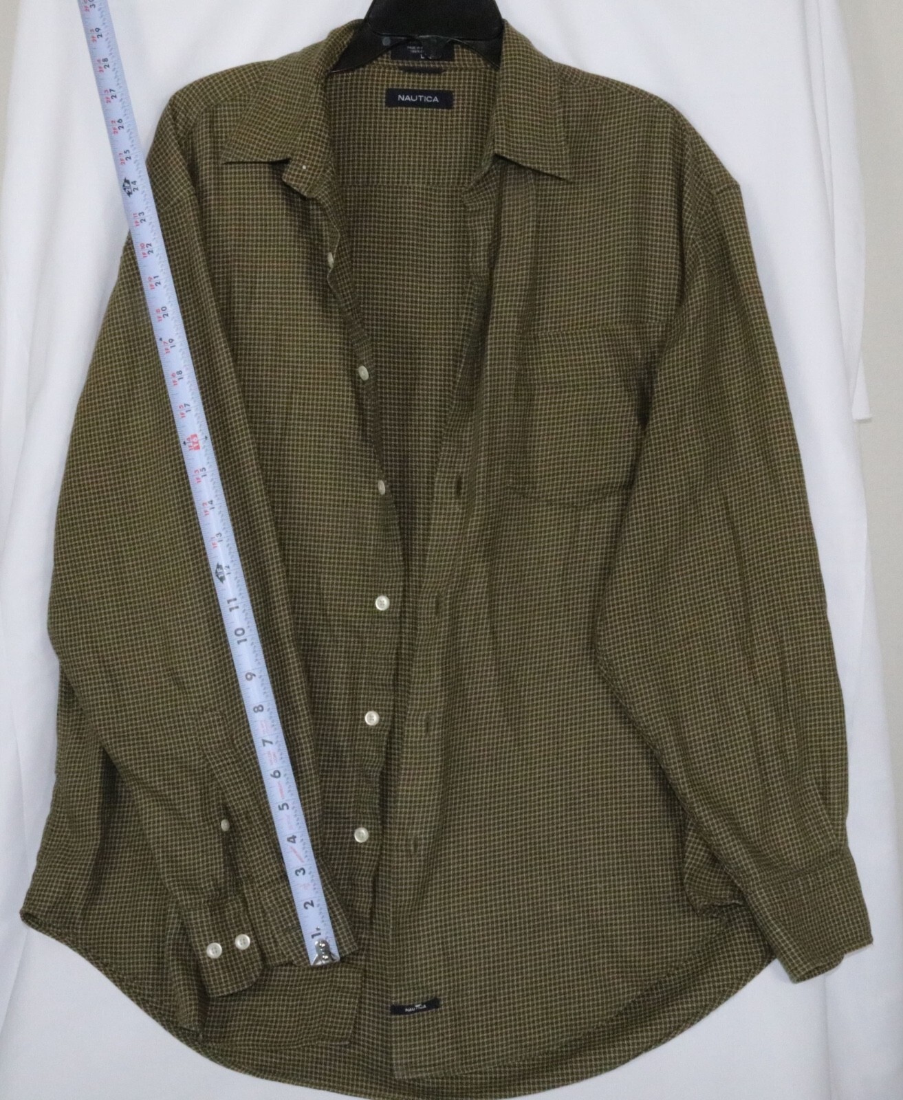 Nautica Button Up Shirt L Olive Green Houndstooth Plaid Career Preppy Academia - Image 2