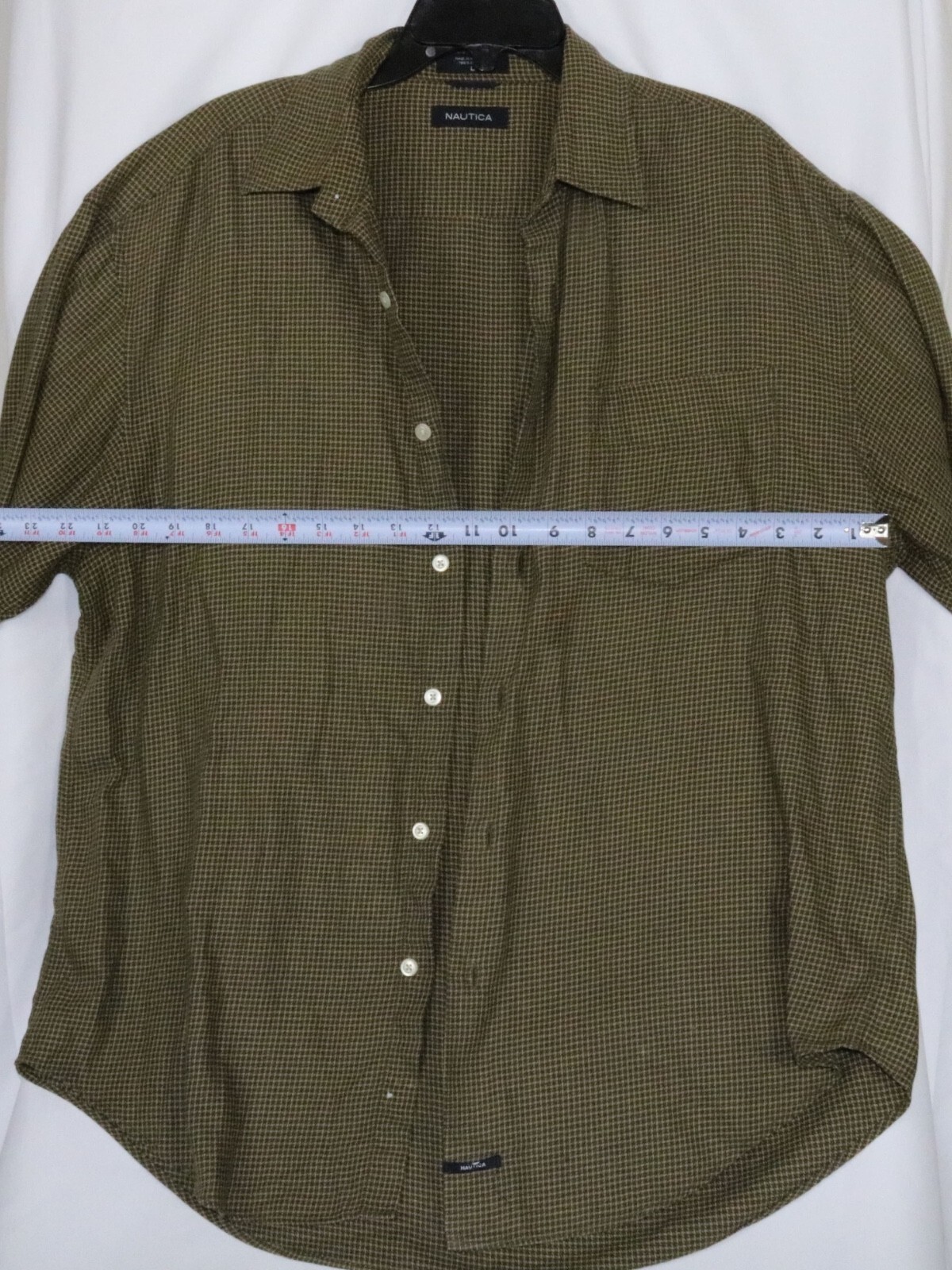 Nautica Button Up Shirt L Olive Green Houndstooth Plaid Career Preppy Academia - Image 3
