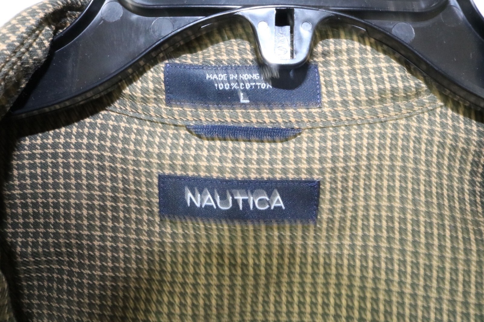 Nautica Button Up Shirt L Olive Green Houndstooth Plaid Career Preppy Academia - Image 5