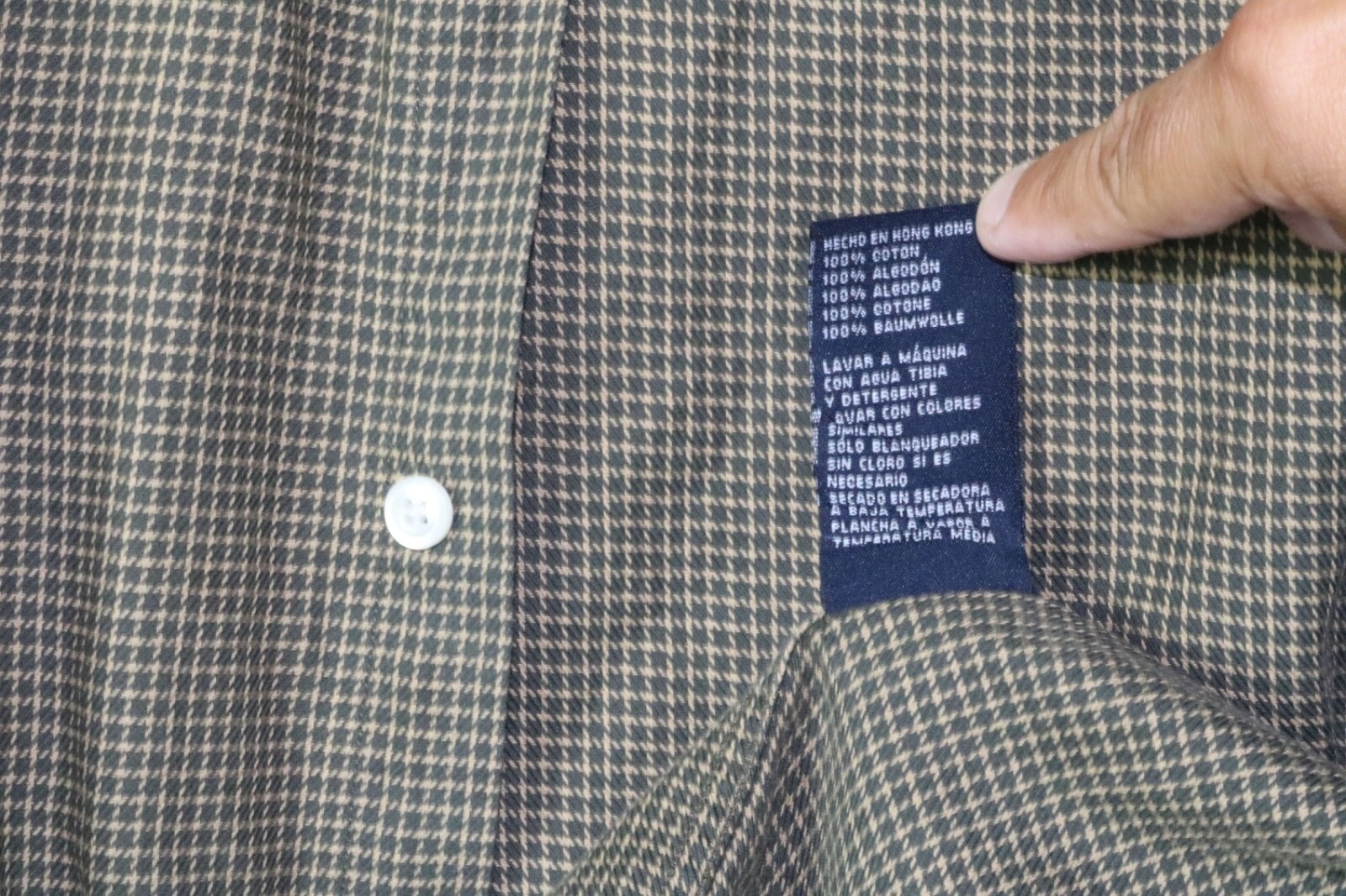 Nautica Button Up Shirt L Olive Green Houndstooth Plaid Career Preppy Academia - Image 9