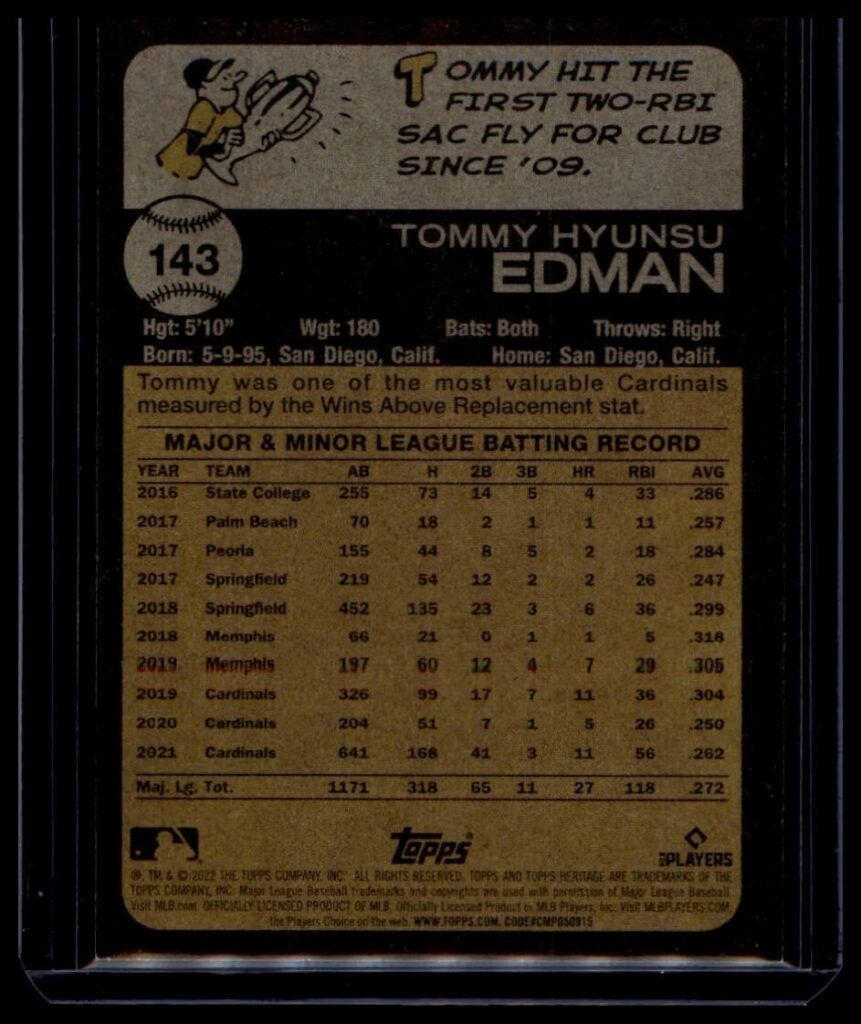 2022 Topps Heritage Baseball Tommy Edman #143 St. Louis Cardinals 2nd Base